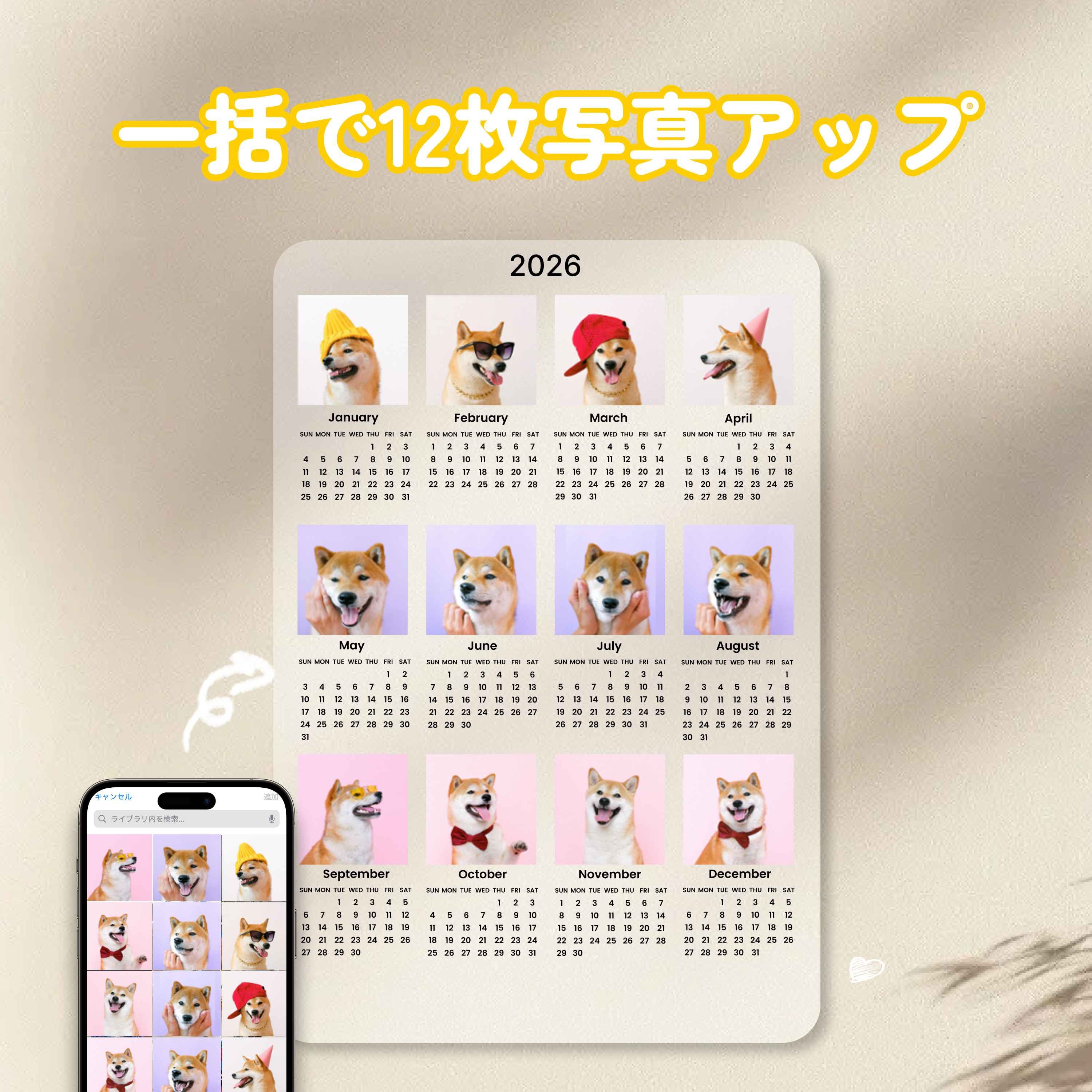 12枚写真カレンダー｜2025年10月始まり/2026年1月始まり・記念日や誕生日にマークをつける・アクリル・縦型・12枚写真・ライト|undefined