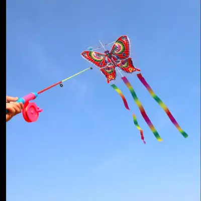 バタフライカイト 釣り竿を持った｜凧を公園、ビーチ、または突風のある裏庭に持っていくと、笑顔、笑い、家族の時間を楽しむことができる