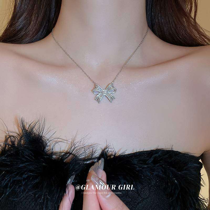 ネックレス ｜ 韓国風・ジルコニア・リボンネックレス・おしゃれ・クールトーン・鎖骨チェーン・上品・軽奢・アクセサリー|undefined