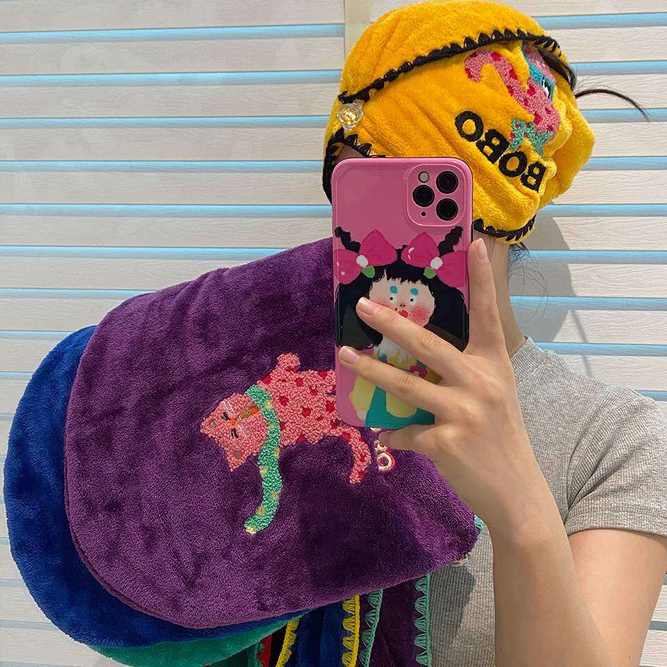 ドライヘアキャップ｜サンゴフリース・バストタオル・男女兼用・お風呂タオル・刺繍・柔らかい・吸水・レトロ・可愛い猫|undefined