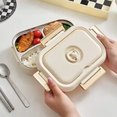 motto クリーム色2層ランチボックス｜お箸とスプーン付き、お湯を入れて保温、3つ仕切り、電子レンジ加熱お弁当箱・高校生・通勤