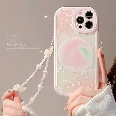「iPhone多機種対応」 ｜ 貝殻模様 桃の色｜仙女のようなストラップ・高級感・ソフト
