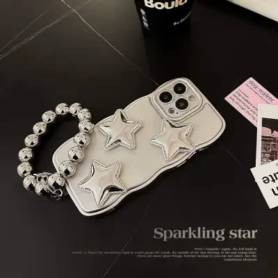 「iPhone多機種対応」キラキラ スマートフォンケース ｜ ソフト・シルバー・星型・高級感・リング付き