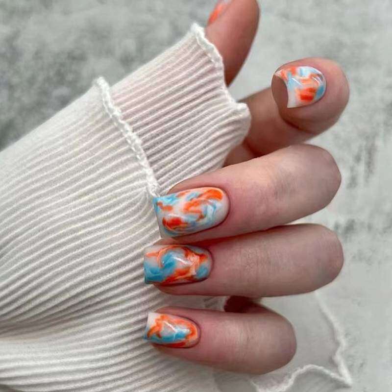 夕焼け・ネイルアート・アメリカスタイル・nails・方形・着用・グラデーション・ミディアム丈・ブルー・オレンジ|undefined