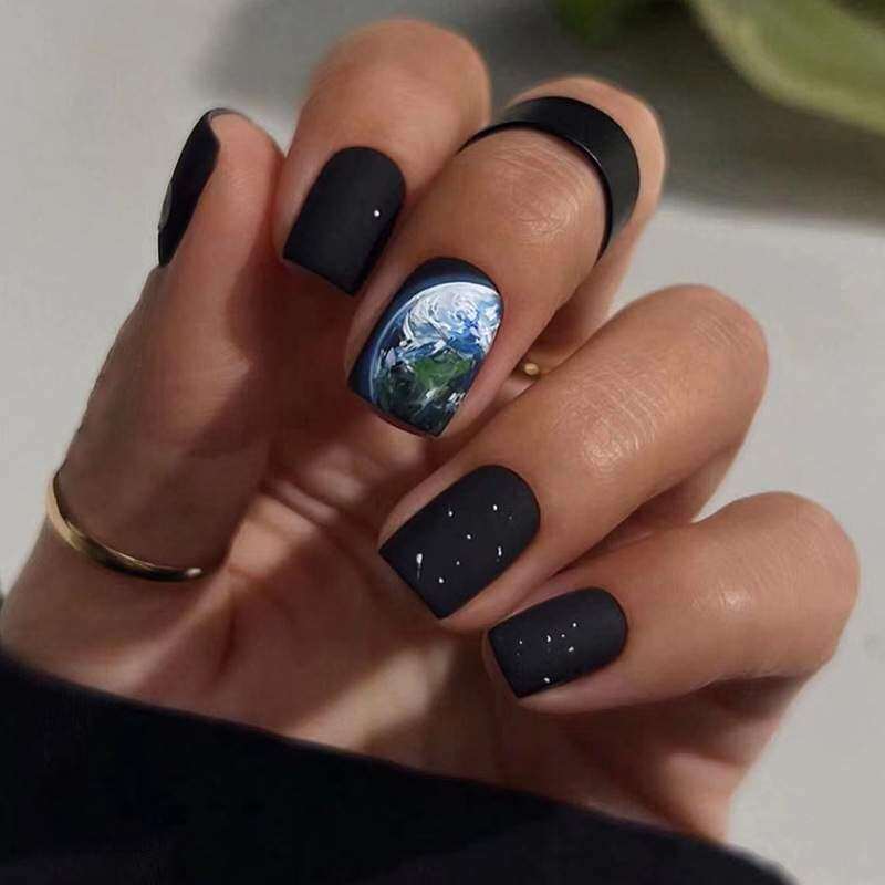 フェイクネイル・ネイルアート・かわいい・ins・アメリカスタイル・完成品・ヨーロッパスクエア・ミディアム丈・ブラック系|undefined