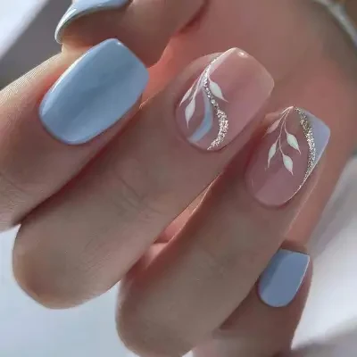 ネイルシール・ネイルアート・夏・ホワイトニング・さわやか・アメリカスタイル・かわいい・葉・着用・パステルブルー