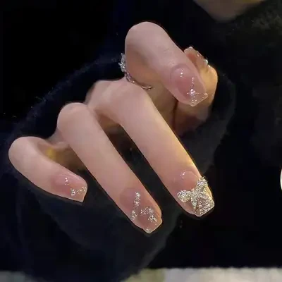 ネイルチップ｜ネイルアート・かわいい・完成品・ピンク色・取り外し可能・ネイルシール・リボン
