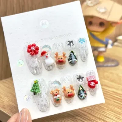 Orange.Nail ネイルチップ・ネイルアート・秋冬・カートゥーン・かわいい・シカ・クリスマスツリー・着用・クリスマス・新作・純・手作り