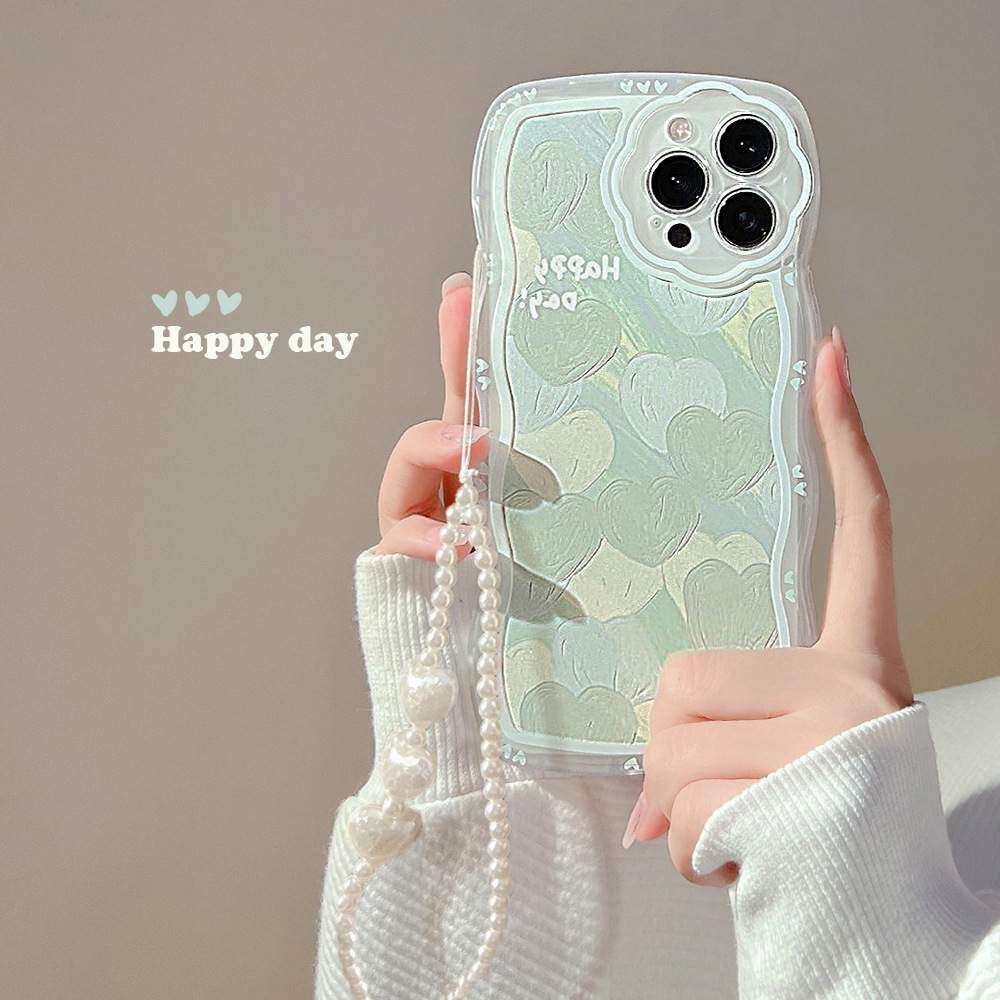 「iPhone多機種対応」  油絵 グリーンのハート iPhoneケース｜波模様・透明・耐衝撃性・iPhone15/14/13/12/11/X/SE|undefined