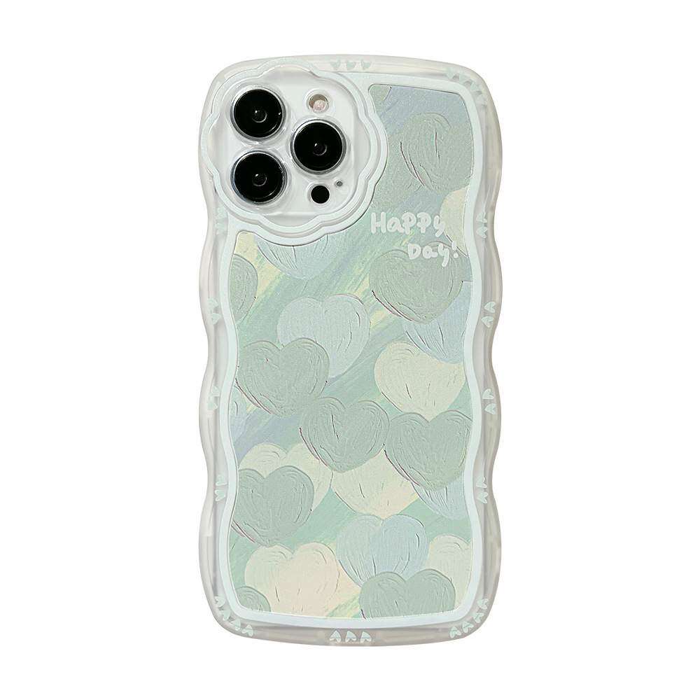 「iPhone多機種対応」  油絵 グリーンのハート iPhoneケース｜波模様・透明・耐衝撃性・iPhone15/14/13/12/11/X/SE|undefined