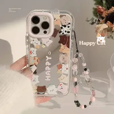 「iPhone多機種対応」 可愛な猫柄・ミラー付き・iPhone ケース｜ 韓国風・ストラップ付き・iPhone15/14/13/12/11