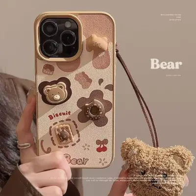 「iPhone多機種対応」立体的なクマ・リンゴ柄・iPhoneケース｜かわいい・プロマックス・ハードタイプ