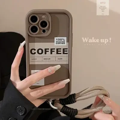 「iPhone多機種対応」 コーヒー英語ラベル・iPhoneケース｜レトロ・ストラップ