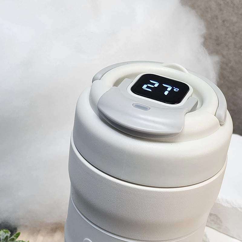 温度表示パネル付き真空断熱ボトル400ml｜折り畳み式手提げハンドル付き・直飲み・タッチだけで温度が分かる・保温保冷水筒|undefined