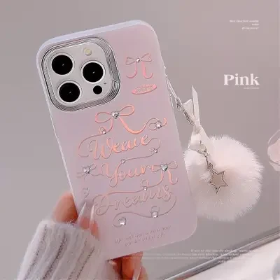ピンクのリボン・レーザー加工iPhoneケース｜ストラップ付き・ハードケース・英字