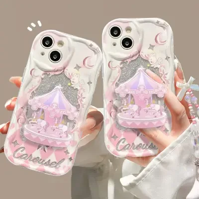 【スマホグリップ付き】透明・木馬・可愛い・iPhoneケース｜スタンド・チェーン付き・iPhone 15/14/13/12/11/SE