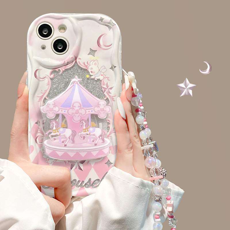 【スマホグリップ付き】透明・木馬・可愛い・iPhoneケース｜スタンド・チェーン付き・iPhone 15/14/13/12/11/SE|undefined