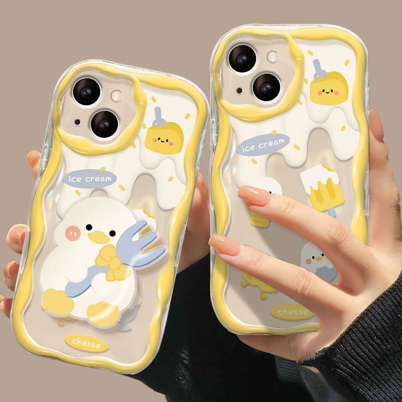 【スマホグリップ付き】チーズとカワイイアヒル iPhoneケース｜シリコン製・透明・多機種対応・iPhone 15/14/13/12/11/SE|undefined