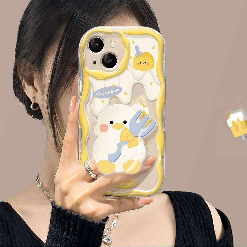 【スマホグリップ付き】チーズとカワイイアヒル iPhoneケース｜シリコン製・透明・多機種対応・iPhone 15/14/13/12/11/SE|undefined