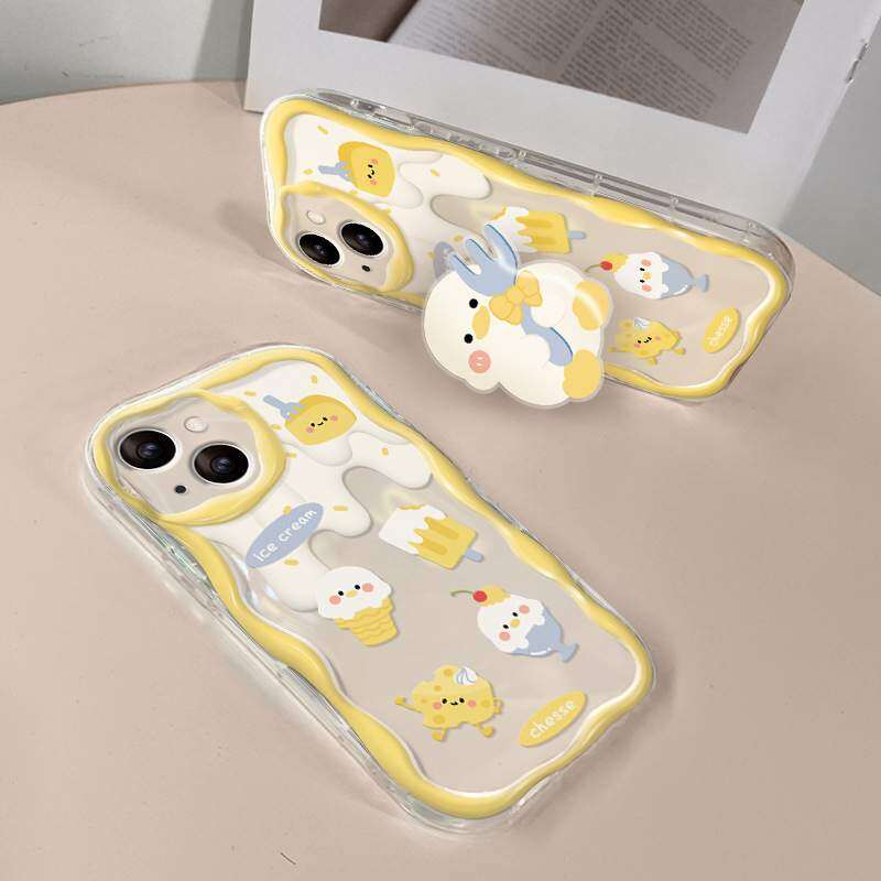 【スマホグリップ付き】チーズとカワイイアヒル iPhoneケース｜シリコン製・透明・多機種対応・iPhone 15/14/13/12/11/SE|undefined