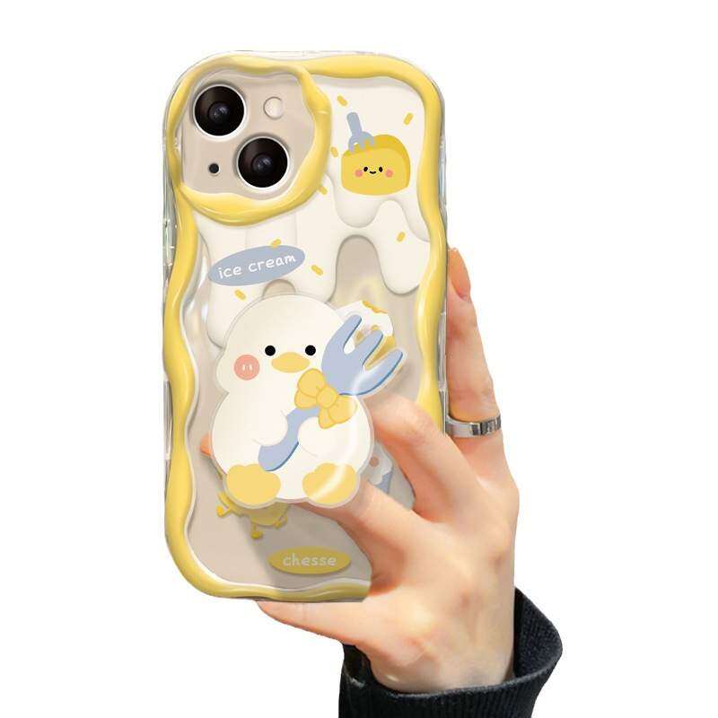 【スマホグリップ付き】チーズとカワイイアヒル iPhoneケース｜シリコン製・透明・多機種対応・iPhone 15/14/13/12/11/SE|undefined