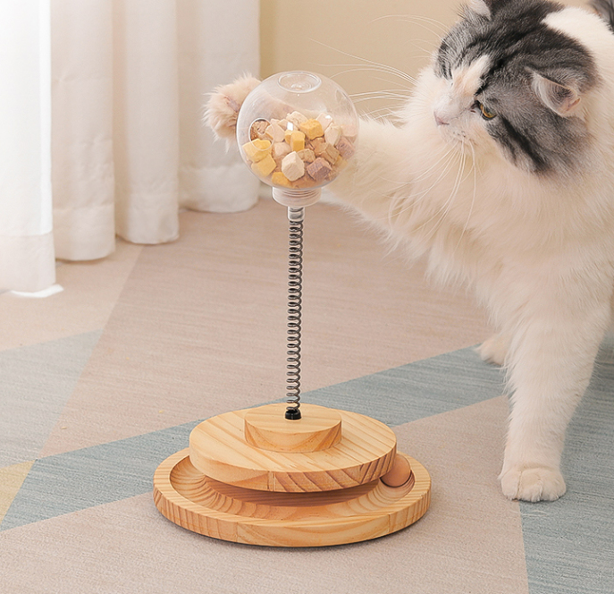 猫おもちゃ 回転ボール遊ぶ盤│キャットフード入れる容器付き・木製・ぐるぐる回転・ボール付き・猫の大好物♪