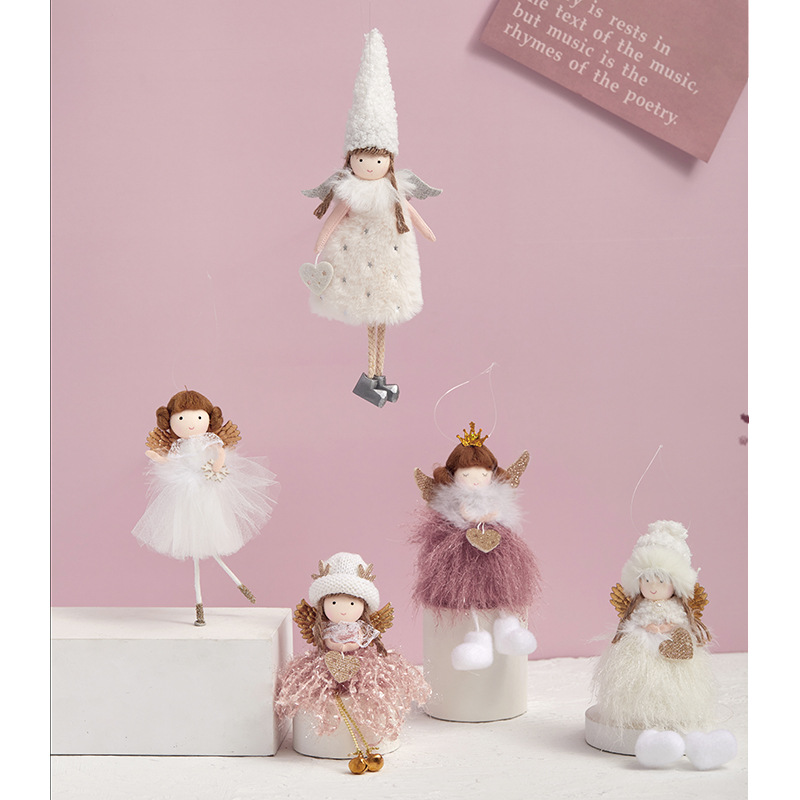 『クリスマス飾り』天使ガールズペンダント（２点セット）｜ふわふわピンク系、ぬいぐるみ風の飾りはクリスマスツリーデコレーションに適用！|undefined