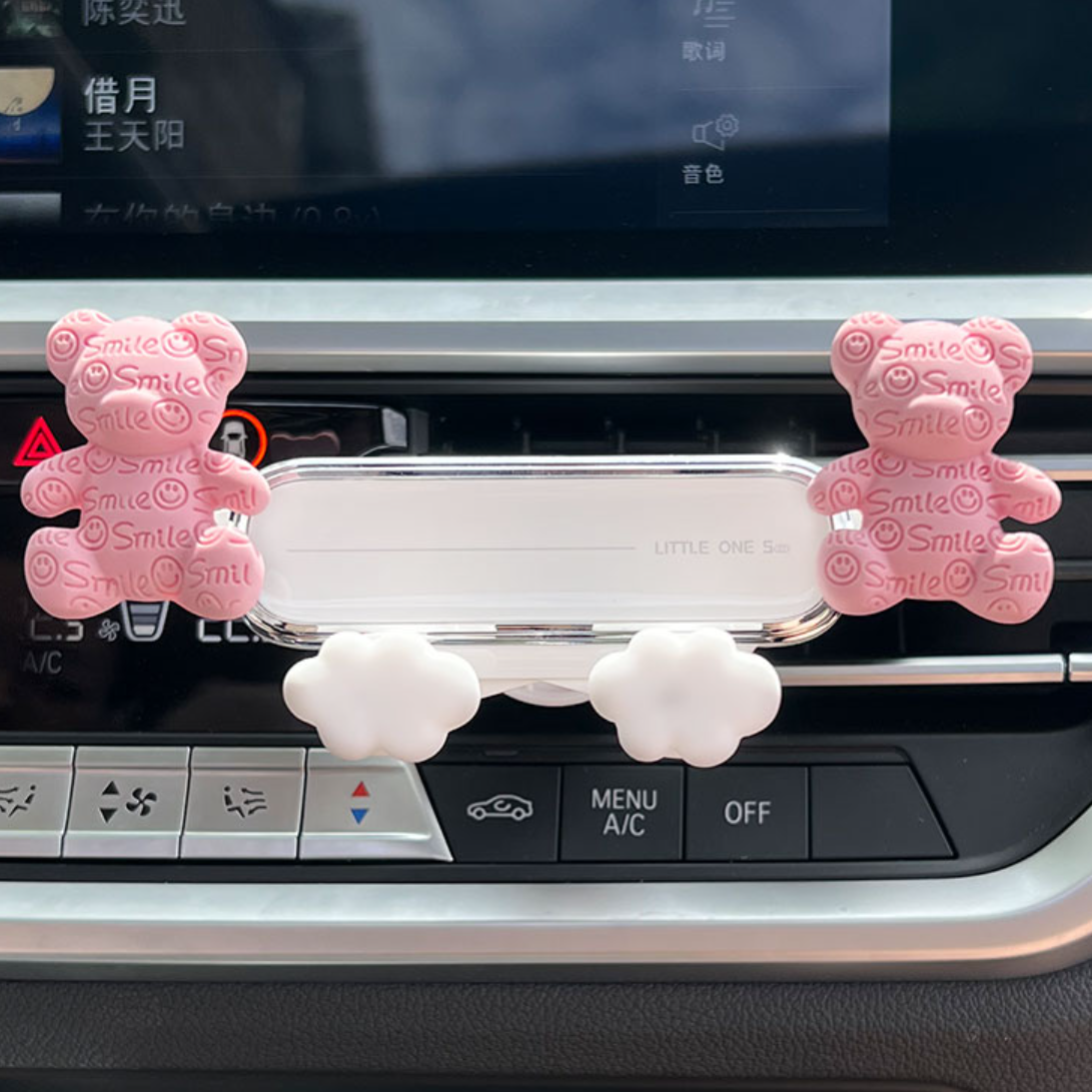 可愛いクマちゃんと雲の車用スマホホルダー｜ピンク