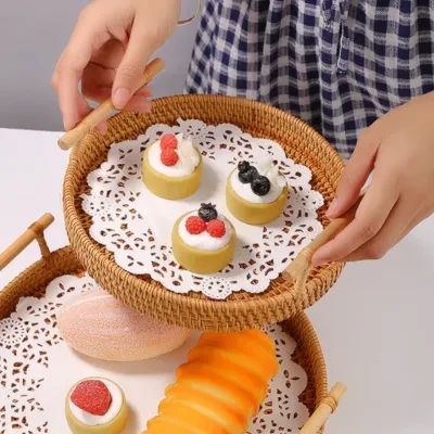  ハンドル付きベトナム風籐編みラタントレー（22/24/28cm）｜両側にハンドル付き！かわいい見せる収納に、どんな場所にも馴染みます