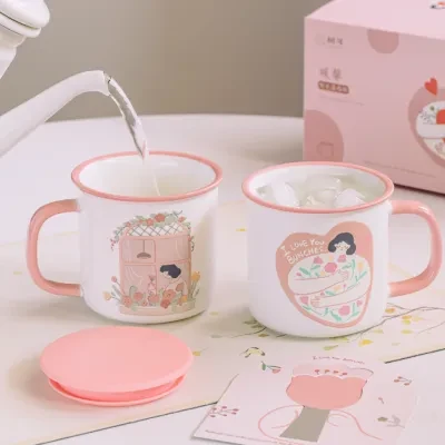 SHUEHO 【樹可】蓋つき水温度で色が変わるマグカップ（ピンク400ml）｜ 琺瑯製 母の日 プレゼント推薦