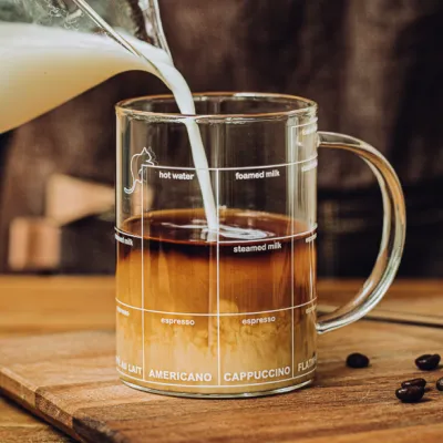 【樹可】エスプレッソ系目盛り付きガラスマグカップ（500ml）｜ 初心者でも手軽に多種多様なコーヒーを楽しめる！フォームドミルク/スチームドミルク/エスプレッソ