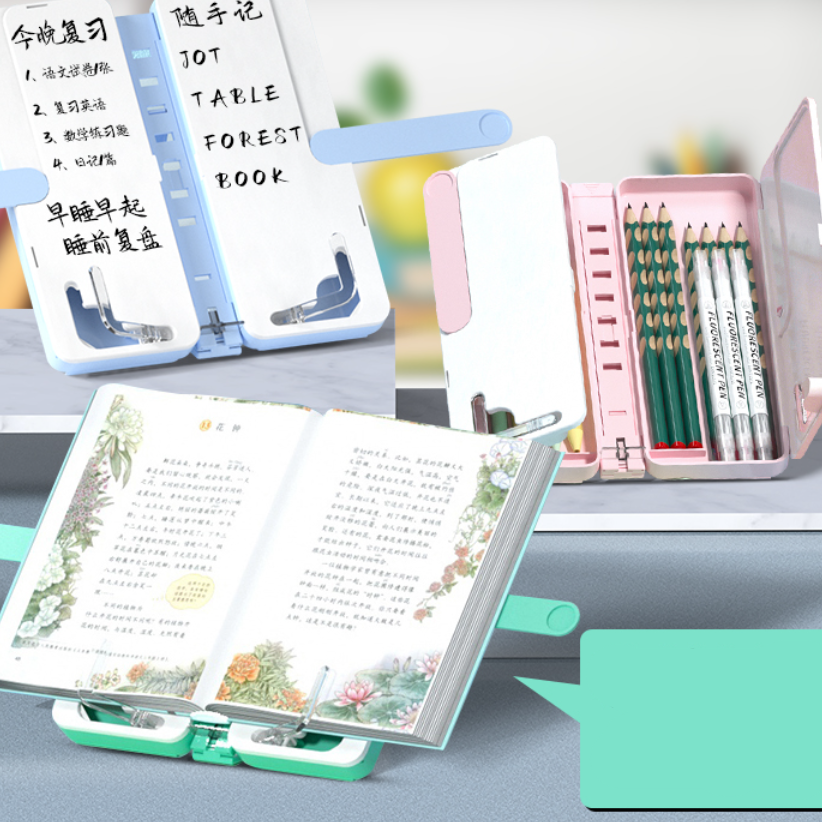 多機能ペンケース｜本立て・ホワイトボードにもなれ　内蔵の消去可能な書き込みボードはいつでも記録に使用でき　固定ブッククリップのデザインを開いて、片手で本を回して読むことができ|undefined