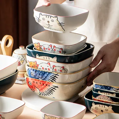 陶器ボウル｜方形 おもしろい描き 伝統的なデザイン かわいい セラミックス製品