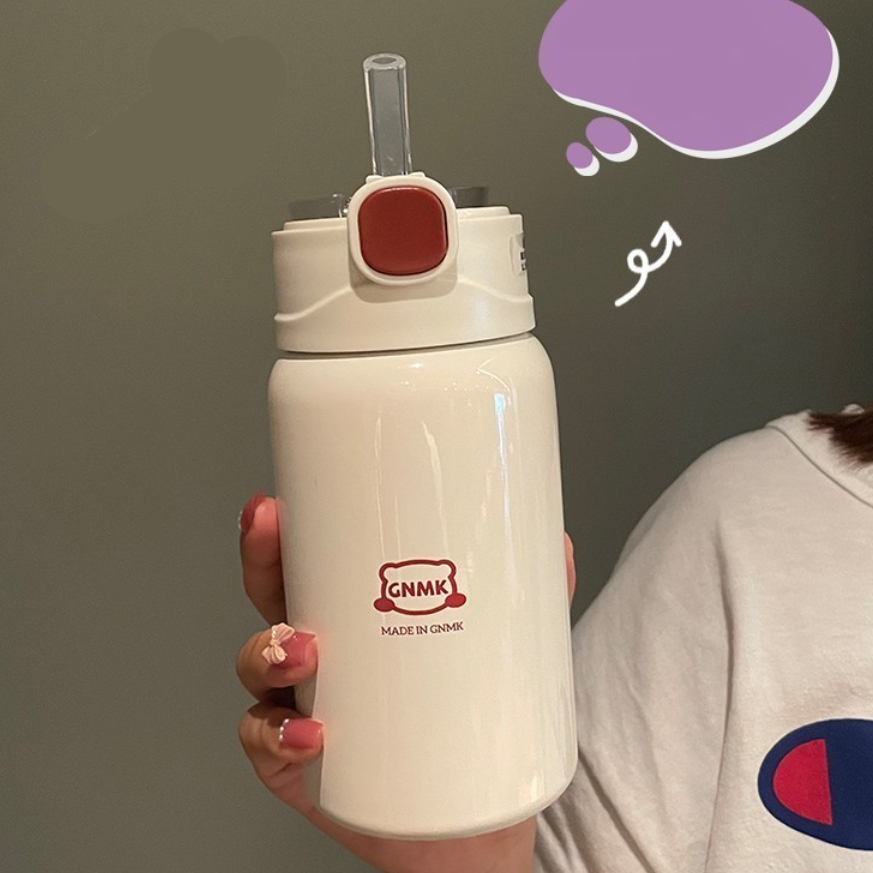 ストロー付き真空断熱ボトル350ml/450ml｜可愛いホワイト・レッド色合い|undefined