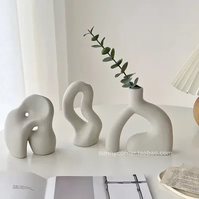 抽象最小限陶器のフラワーベース｜ おしゃれなかびん造花用かびん、カフェ・オフィス・家の装飾