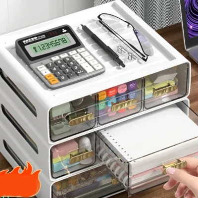 引き出し式オフィスデスク文房具整理収納ラックドレッサーメイクアップ透明ボックス！
