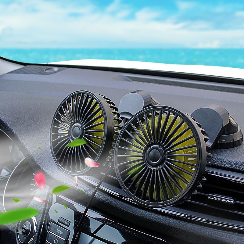 車用扇風機 ツインファン丨 夏対策 USB給電式 三階段風量  5枚羽根 角度調節可能 ご注意：本商品は2A以上のUSBポートが必要であり、一般的な自動車に搭載されているUSBポートは0.5Aです。 2A以上のUSBポートが搭載されたシガーソケットと一緒にご使用ください