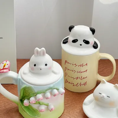 陶磁カップ蓋｜可愛いうさぎ・パンダ・猫のデザイン　防塵　クリエティブ