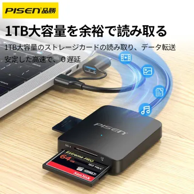PISEN Type-C-USB3.0 4in1カードリーダー｜TF/SD/MS/CFに対応・ 3.0高速転送・OTG変換・超高耐久