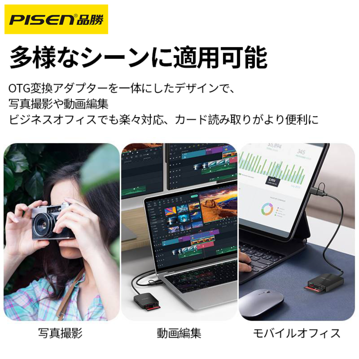 PISEN Type-C-USB3.0 4in1カードリーダー｜TF/SD/MS/CFに対応・ 3.0高速転送・OTG変換・超高耐久|undefined