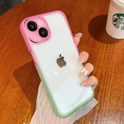 『人気商品』カメラレンズカバー付きグラデーションのフレームクリアiPhoneスマホケース｜スイカカラー・アクリル使用で透明感UP！