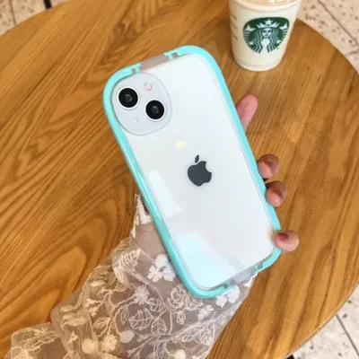 ワクワク広場 縁高フレーム隠しスタンド付きクリアiPhoneスマホケース｜フレーム開くと横置きスタンド＆バンドになる！フレームの明るいカラーバリエーションも豊富！