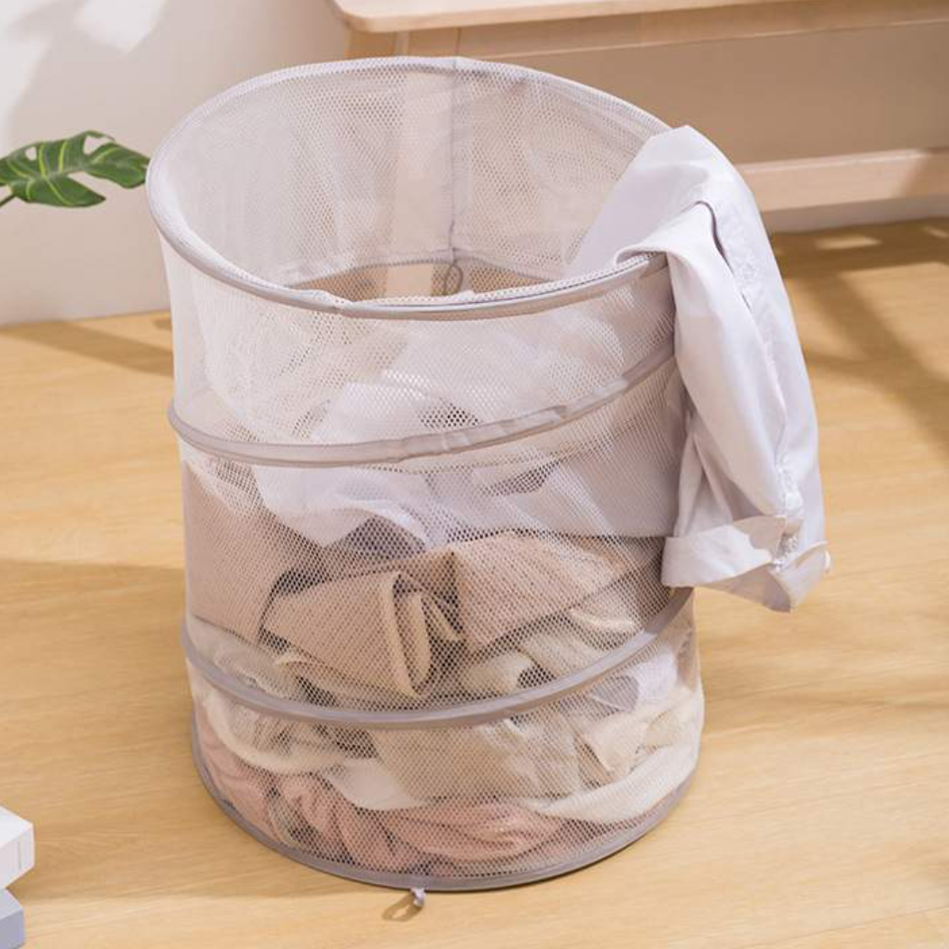 折りたたみ式メッシュ洗濯かご｜円筒形・口が閉じられる・折りたたみ可能・洗濯物やおもちゃなどの収納|undefined