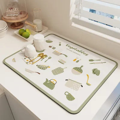 キッチン水切りマット｜さっぱり色合い・イラスト柄入り・吸水性のある珪藻土入り・PUレザー生地でお手入れやすい・食器乾燥・滑り止め