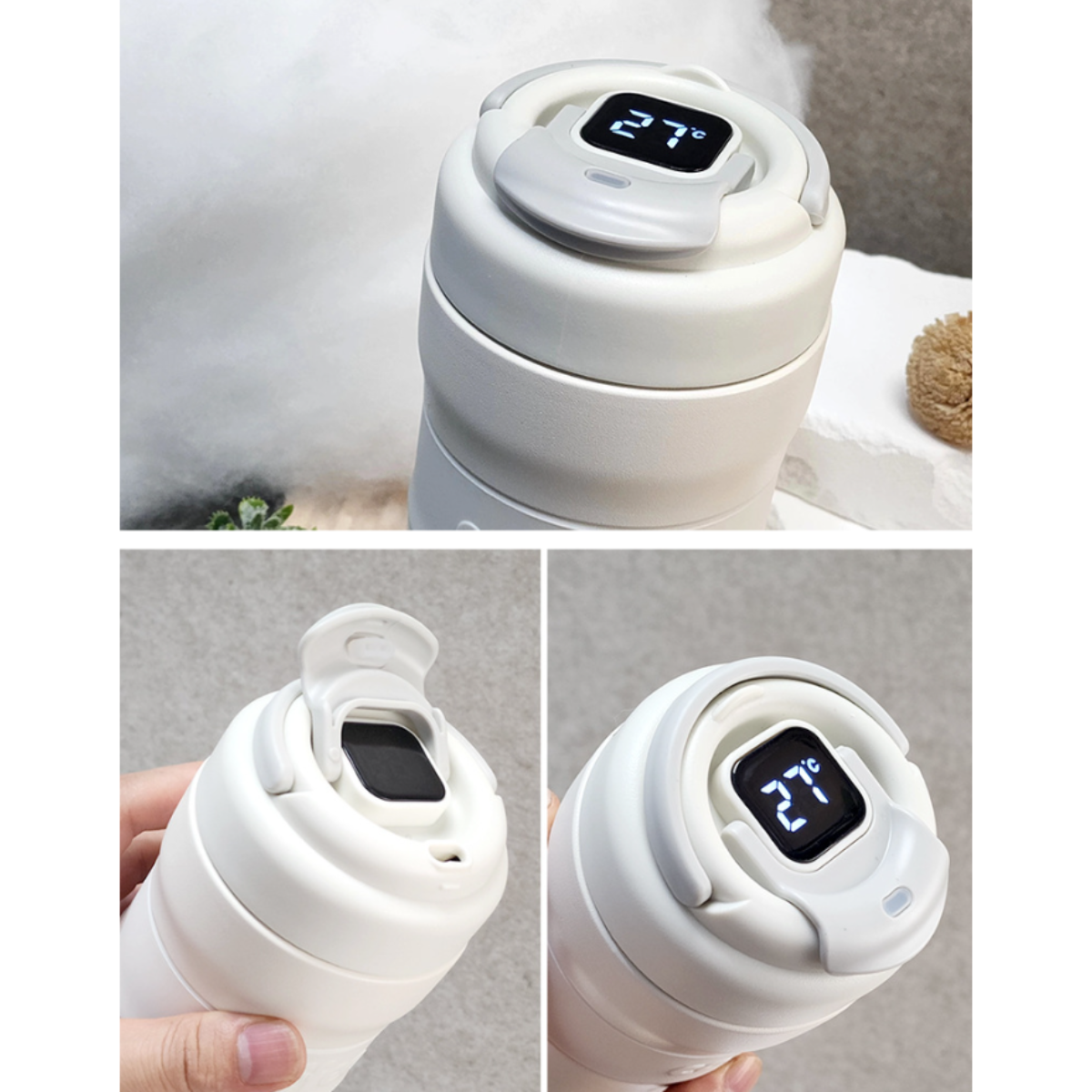 温度表示パネル付き真空断熱ボトル400ml｜折り畳み式手提げハンドル付き・直飲み・タッチだけで温度が分かる・保温保冷水筒|undefined