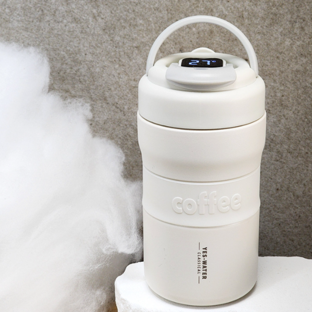 温度表示パネル付き真空断熱ボトル400ml｜折り畳み式手提げハンドル付き・直飲み・タッチだけで温度が分かる・保温保冷水筒|undefined