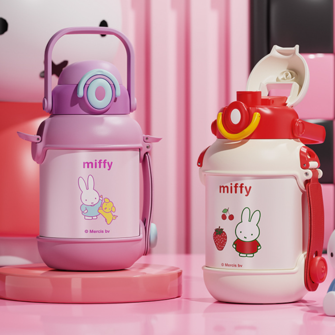手提げハンドル付き真空断熱ボトル900ml｜可愛いウサギの柄入り・ストロー付き/直飲み可・スポーツボトル・保温保冷水筒|undefined