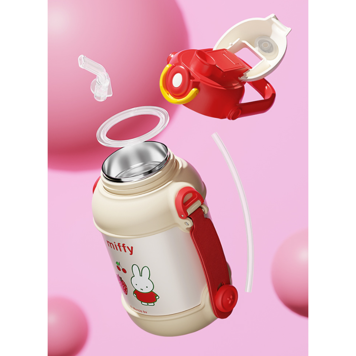 手提げハンドル付き真空断熱ボトル900ml｜可愛いウサギの柄入り・ストロー付き/直飲み可・スポーツボトル・保温保冷水筒|undefined