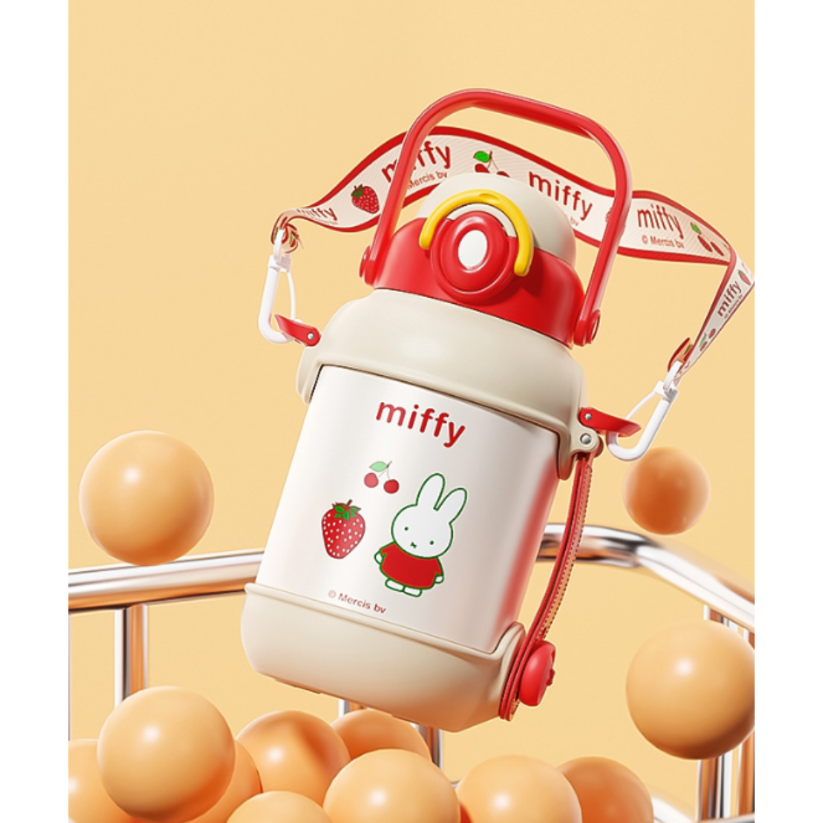 手提げハンドル付き真空断熱ボトル900ml｜可愛いウサギの柄入り・ストロー付き/直飲み可・スポーツボトル・保温保冷水筒|undefined