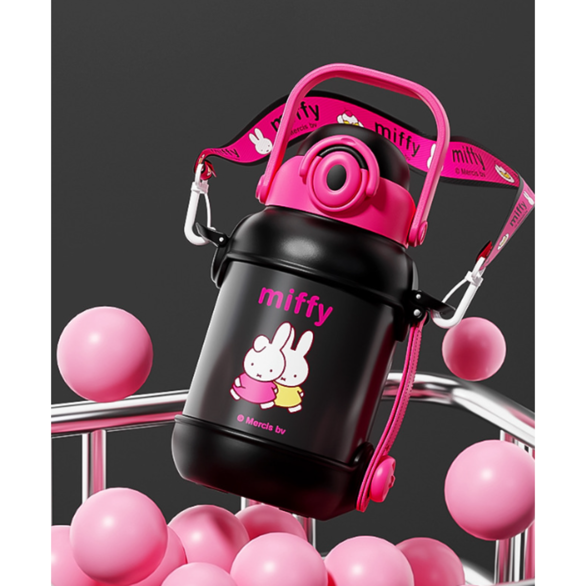 手提げハンドル付き真空断熱ボトル900ml｜可愛いウサギの柄入り・ストロー付き/直飲み可・スポーツボトル・保温保冷水筒|undefined